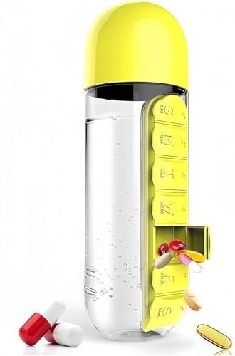 Generico 2 in 1 Portable Water Bottle with Pill Box Organizer 7 Days Planner Box Travel Medicine Case Containers (Yellow)
