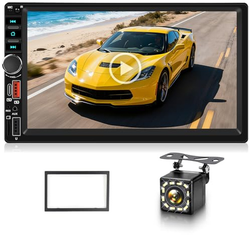 Radio para Coche de 2 DIN con Pantalla táctil de 7 Pulgadas, Bluetooth Car Radio Mirror Link, FM, Llamadas Manos Libres, Entrada USB-C/USB-A, AUX, EQ, Control en el Volante + cámara Trasera