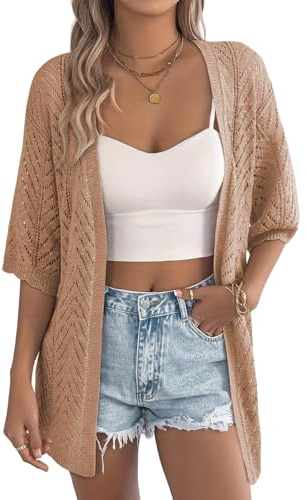EVALESS Women's Short Sleeve Cardigan Sweaters Crochet Tops, Beige, X-Large