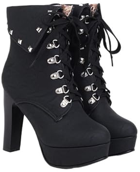 KKdhsfy Stivali con Plateau da Donna 9CM Tacchi Sexy Punta Tonda Lacci Stivali al Polpaccio con Tacco Alto,Nero,34 EU
