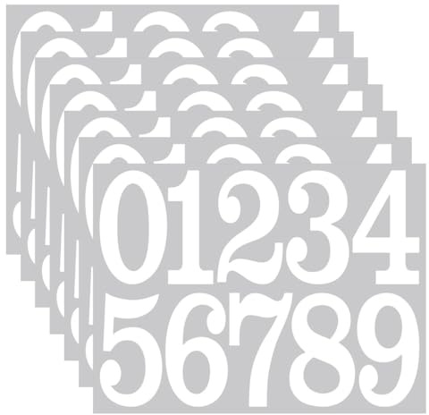 JYNXOR Lot de 6 Feuilles d'autocollants Numérotés - Chiffre Autocollant- Blanc - 8 cm - Chiffres - Étanche - Autocollants de 0 à 9 - Autocollantes - En vinyle - Pour résidence, boîte aux Lettres