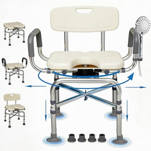 U - Silla de ducha giratoria extra ancha de 360° ajustable de 2 niveles para ducha interior, asiento de ducha resistente de 550 libras para bañera interior con brazos y respaldo, sillas de bañera para