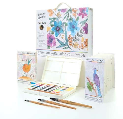 MEEDEN Diane Antone Ensemble de peinture aquarelle portable 48 couleurs avec 3 pinceaux aquarelle, pages de coloriage de doublure, papier aquarelle et cartes postales – Fournitures d'art pour adultes