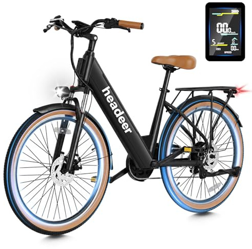 HEADEER BD26195 Bici Elettrica Per Adulti Da 26, Batteria Rimovibile 48V 11.5Ah, Autonomia 80KM (PAS), Bicicletta Elettrica Donna con 7 Velocità, Display a Colori & Forcella Ammortizzata con Blocco