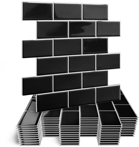 HyFanStr Thickened Self Adhesive Wall Tiles Kitchen Backsplash, Waterproof Stick, 3D Peel and Stick Bathroom Subway Tiles (10, Black)