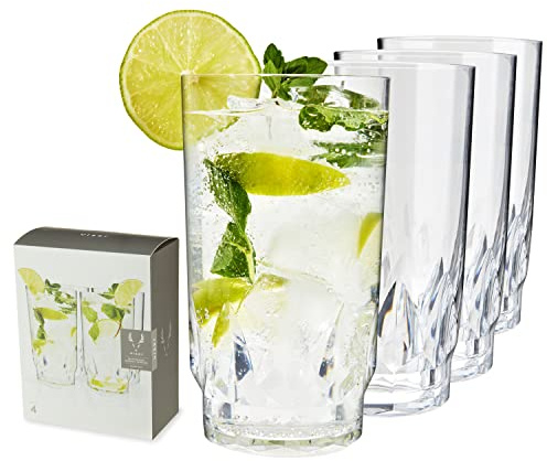 Viski Shatterproof Highball Tumblers, Faceted Acrylic Tall Drink Cocktail Glasses, Dishwasher Safe and Shatterproof, Clear 18 Oz Set of 4