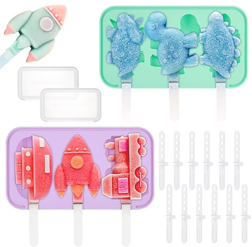 Hejo 2 Pezzi Stampi per Ghiaccioli, Stampi Ghiaccioli Silicone, Stampi Riutilizzabili per Cake Pop, Forme di Veicoli Dinosauro con 18 Bastoncini per la Casa all'aperto (Viola ＆ Verde)