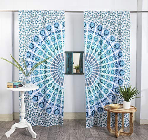 Popular Handicrafts Hippie Indian Bohemian Peacock Mandala Curtains White and Blue