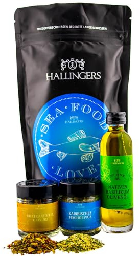 Hallingers Genuss Manufaktur Geschenkkorb Geschenkset – Feinkost Mix, Grillen Wundertüte Basilikum Olivenöl Bratkartoffel & Fischgewürz für Grillparties