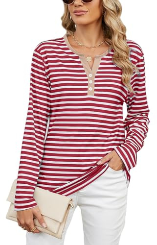 Atxnn Camiseta Mujer Rayas Blusa de Manga Larga Top con Cuello en V y Botones Camisa Bloque Color Casuales Túnica para otoño Primavera