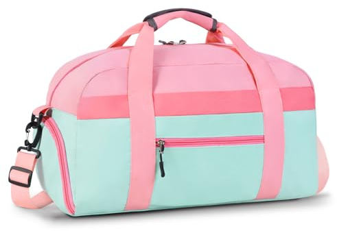WOOMADA Kids Duffle Bag for Boys or Girls, Kids Overnight Bag with Shoe Compartment＆Wet Pocket, Ideal for School Practice, Sports, Travel(pink green)
