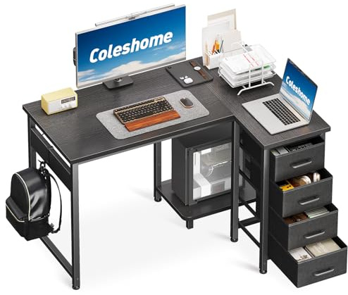 Coleshome Computer Desk with Drawers, 100x70 cm Corner Desk for Home Office, Reversible L Shaped Office Desks Black
