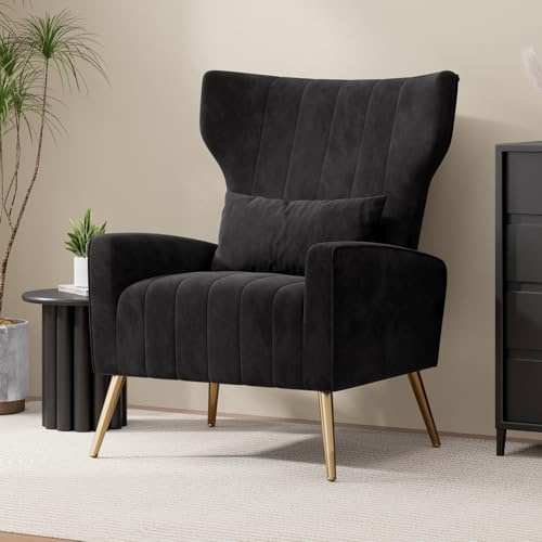 Hawthyhome Velvet Armchair Recliner with Comfortable Cushion with Pillow Golden Metal Legs Padded Seat Lounge Couch Armchair for Living room,and Bedroom Black