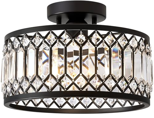 Vikaey Moderna Luz De Techo De Cristal,Lámpara De Techo De Cristal Negro E27 Araña Redonda, Para La Entrada Del Pasillo Cocina Dormitorio Sala De Estar Iluminación Ø290mm 1-Light
