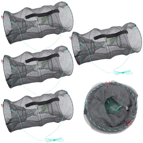 Maasechs 4 Packs Heavy Duty Collapsible Crawfish Traps 11.81 x 11.81 x 23.62 Inches Foldable Fishing Bait Trap for Shrimp, Minnow, Lobster, Crab Mesh with Zippered Bait Bag