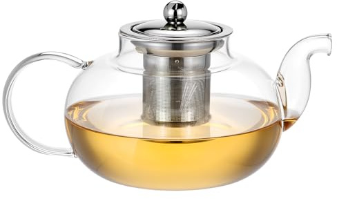 QWORK 1000ML / 34 oz Glass Teapot, Clear Tea Kettle Stovetop Safe with Removable Stainless Steel Infuser, for Blooming Loose Leaf Teas