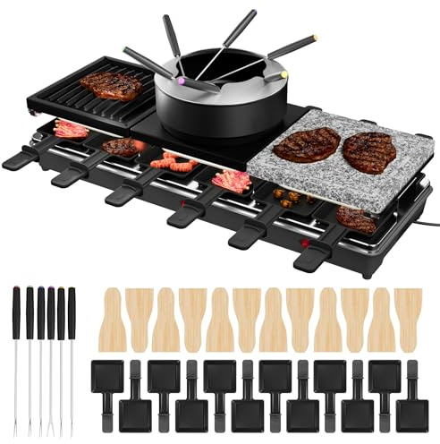PEILU 1650W Griglia per Raclette per 12 Persone Griglia da Tavolo a Due Piani con Antiaderente, Piastra in Pietra, Piccole Tazze, Spatola in Legno, Pentola per Zuppa e Cavo in Acciaio Inox per