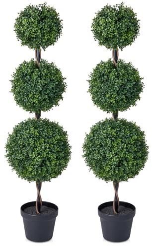 VeriNatural Artificial Boxwood 3-Ball Outdoor Topiary Trees - 120cm Tall Fake Plants in Pots - UV Resistant Large Decor Green Plastic Faux Plant for Garden Indoor Outdoor Front Door Porch,2Pcs | UV-resistant PE foliage in a 7in black pot, single tree for front doors, patios, hallways and garden entrances