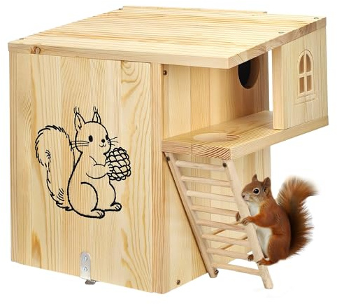 Simabsie Squirrel House for Outside, Large Pine Wood Nesting Box with Locking Door, Weatherproof Roof, Porch & Anti-Predator Design for Squirrels