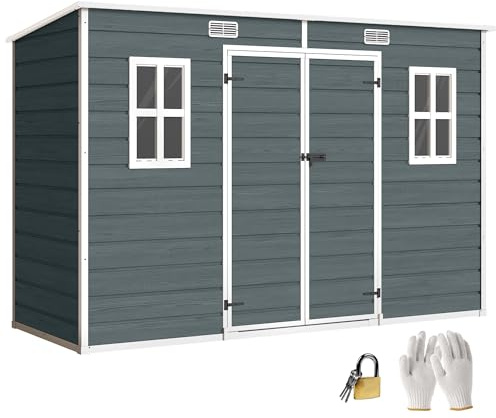 Abri de Jardin en Plastique Outsunny 10 x 4 Pieds, avec Plancher, Grandes fenêtres, Portes verrouillables et aérations, pour Outils, vélos, générateur, Effet Bois Gris