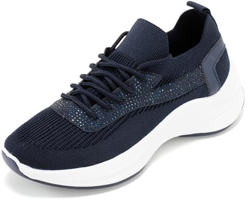 CLEIKS Sneakers Donna Platform Blu Scuro Tomaia Flyknit Traspirante con Dettagli Glitterati Scarpe Casual Leggere per Tutte Le Occasioni (Blu, 36EU, WFK250348-3)