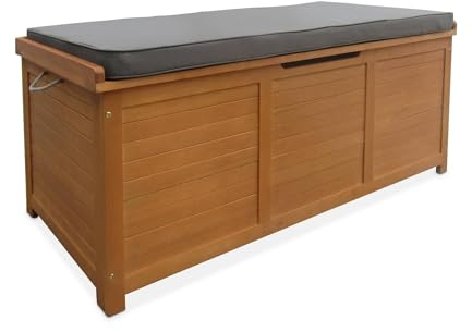 Alice's Garden Gartentruhe aus Holz 200L - Caja grau - 125x60cm Kissenaufbewahrung mit Hebebock und Griffen