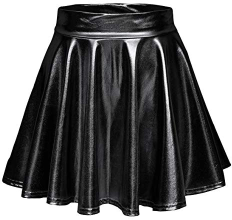 EXCHIC Femmes Métallisée Shiny Taille élastique Mini Jupe élégante A-Ligne Patineur Jupe(XL, Noir)