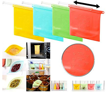 Rosenstein & Söhne Silikonbeutel: 4er-Set Silikon-Lebensmittelbeutel, wiederverschließbar, 1.000 ml (Silikon Zip Beutel, Zip-Beutel-Set, Wasserdichte Taschen)