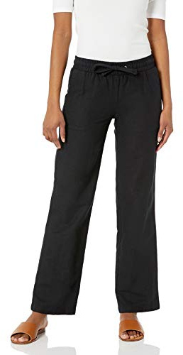 Amazon Essentials Pantaloni a Gamba Larga con Coulisse in Misto Lino dalla Vestibilità Comoda (Disponibili in Taglie Forti) Donna, Nero, XXL