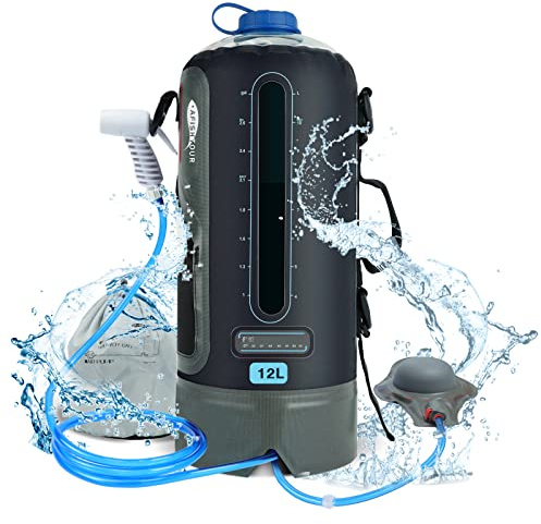 AFISHTOUR Bolsa de Ducha portátil para Camping, Bolsa de Agua Solar de 12 litros con Bomba de pie y Cabezal de Ducha, Ducha de Camping para Camping, Playa, Viajes, Actividades al Aire Libre