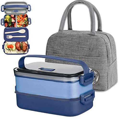 Haoh Bento Lunch Box Kit, 1600ml 2 Etages Boite Repas avec Sac Isotherme Repas, Hermétique Boîtes Bento pour Pique Nique, Travail, Goûter, Ecole, Boîte à Lunch Micro Ondable(Bleu)