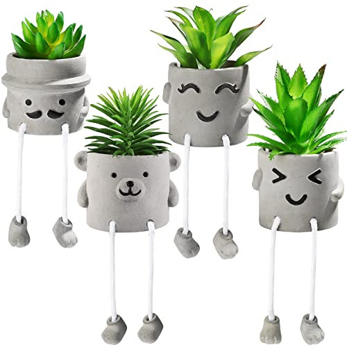 Supwinnet Set of 4 Artificial Potted Plant, Cute Fake Succulent Plant with Hanging Leg Fake Plant Faux Succulent Emotional Cement Potted for Home Desk Shelf Kitchen and Office Decor(4 PCS)