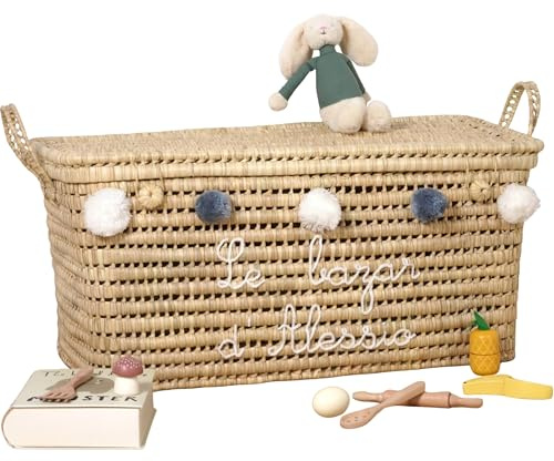 Bohome Living - Coffre à Jouets Personnalisable, Malle de Rangement, Fait Main, 80cm (Broderie + Pompons)