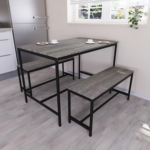 Vida Designs Roslyn 4 Seater Dining Table With 2 Benches, 3 Piece Set, Dining Room Furniture Solid Metal Frame (Grey)