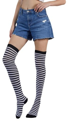 FGFD&OU Calcetines Largos Mujer Calcetines Hasta la Rodilla Altos de Rayas Termicos Caliente para Niñas y Mujeres Medias Navideñas (Blanco&negro)