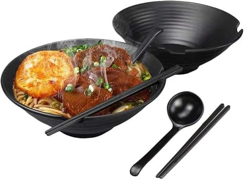 Ainbonte Japanische Ramen Schüssel Set, Suppe Schüssel mit Löffel und Essstäbchen, 1100 ml Schüsseln für Pasta Udon Asiatische Nudeln, Spülmaschinengeeignet, Schwarz (2)