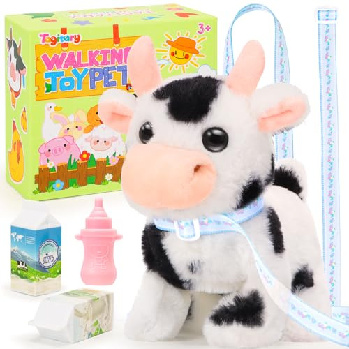 Tagitary Giocattoli di peluche interattivi a piedi suoni mucca bambini Wag Tail, testa del cenno realistica giocattoli di bestiame di peluche giocattoli di compleanno per i più piccoli