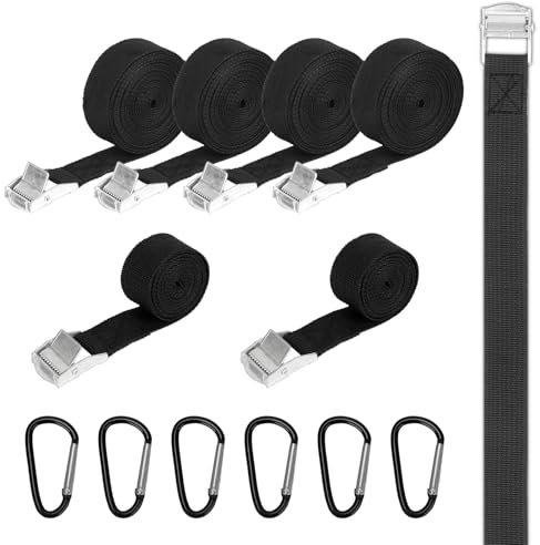Prebarfun 12 Pezzi Cinghie di Fissaggio a Cricchetto, 3 meters x 25mm/1.5m x 25mm Cinghie di Tensione & 6 Pezzi Moschettone Portachiavi, Cinghie portapacchi per Moto Auto Portabiciclette