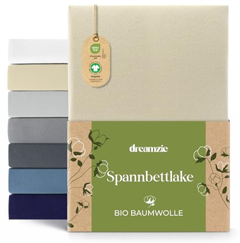Dreamzie Premium Spannbettlaken 80x200 cm Beige, Spannbetttuch aus 100% Jersey Biobaumwolle, 150 g/m² - Oeko-TEX