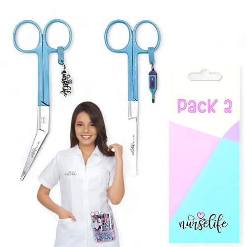 Nurse Life Pack 2 Tijeras Enfermeria Mayo y Pico Pato - Punta Roma | Para Bolsillo y Portatijeras - I love it, Punta Redonda Profesional, Primeros Auxilios, Vendaje. Acero pulido.CELESTE