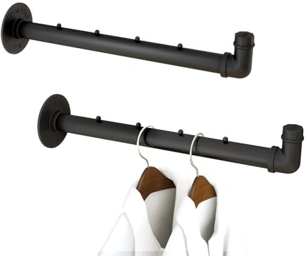 IBUYKE Barra Ropa Pared 2 Piezas, Barra Perchero de Pared de Tubo Metálico Industrial de 40cm, Perchero Rústico Multifuncional de Pared Para Dormitorio Salón, Negro TYJ008H-2