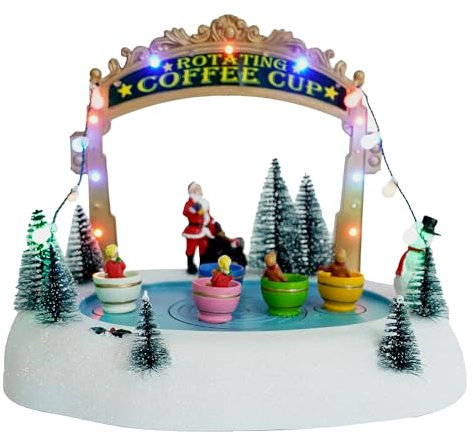 Spetebo Pista di pattinaggio a LED con tazze da caffè con musica – 27 x 21 cm – decorazione città invernale scena illuminata a batteria – villaggio di Natale scena decorazione da tavolo