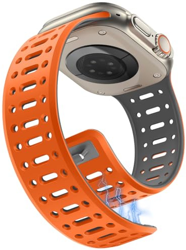 Sixmoat Magnetarmband kompatibel mit Apple Watch Armband 49mm/Ultra 3/2 46mm 45mm 44mm 42mm für Männer Frauen, Atmungsaktives Silikon Sportarmband für iWatch Serie 11 10 9 8 7 6 5 4 3 SE, Orange-Grau