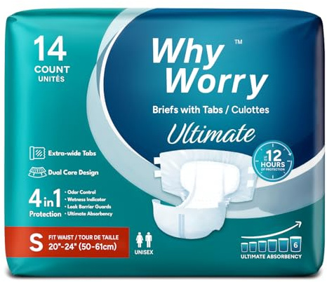 WhyWorry Ultimate vuxenblöjor för män och kvinnor, små, 14 stycken | Engångsblöjor för vuxna med ultimat absorptionsförmåga, inkontinensglidningar, övernattningsskydd, luktkontroll, unisex