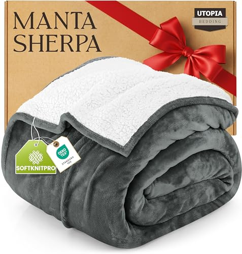 Utopia Bedding Double Sherpa Fleece Blanket (Grey, 150x200cm) Cosy, Warm & Thick Blankets for Bed, Sofas and Couch