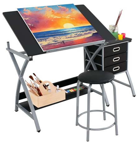 JupiterForce Drafting Table with Tiltable Tabletop and Stool, 3 Storage Drawers, Art Desks for Adults, Painters, Work Station, Home Office, Black