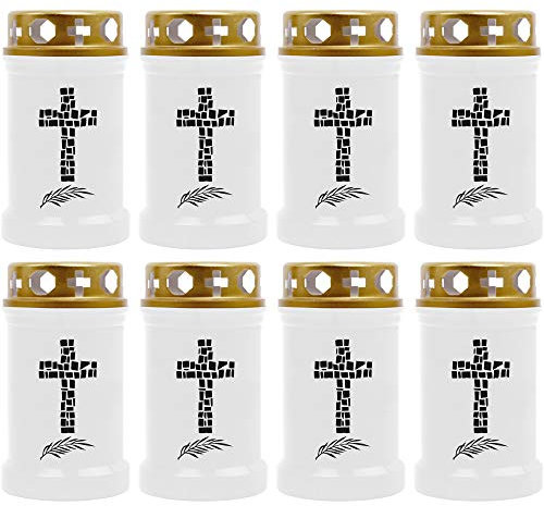 HScandle, candela tombale, confezione da 8 pezzi, colore bianco, durata circa 40 ore per candela, motivo: croce