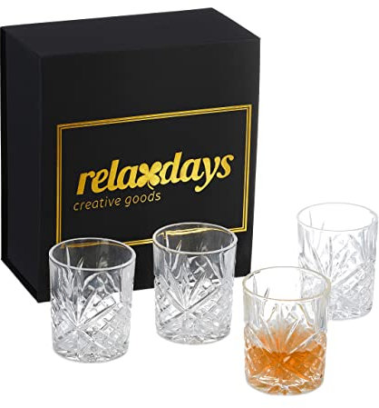Relaxdays Set de 4 Verres à Whisky, boîte Cadeau, Design décoratif, Accessoires Bar, H x D : env. 10 x 8 cm, Transparent