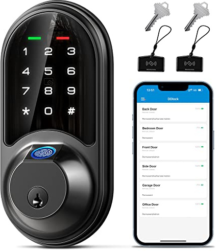 Veise RZ07 Fingerprint Smart Lock, 7-in-1 Smart Locks for Front Door, Keyless Entry Door Lock with App Control, Biometric Electronic Touchscreen Keypad Deadbolt, Matte Black