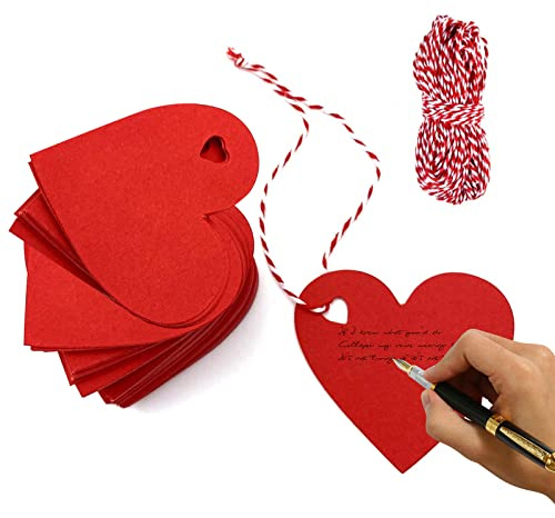 100Pezzi Etichette di Carta Cuore - Etichette Regalo di San Valentino - Etichette Carta Kraft - Corda rossa e bianca con 10 metri, adatta per compleanno, matrimonio, decorazione regalo (rosso)